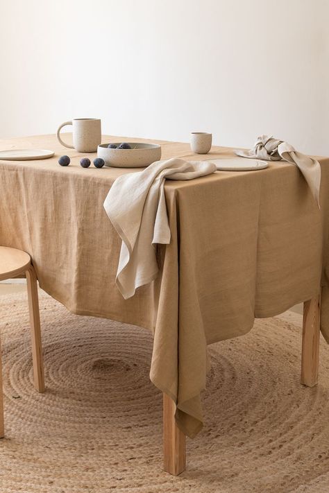 Brown Linen Tablecloth Minimal Table, Linen Table Cloth, Linen Curtain Panels, Linen Drapes, Tablecloth Sizes, European Linens, Table Linen, Linen Table Runner, Linen Placemats