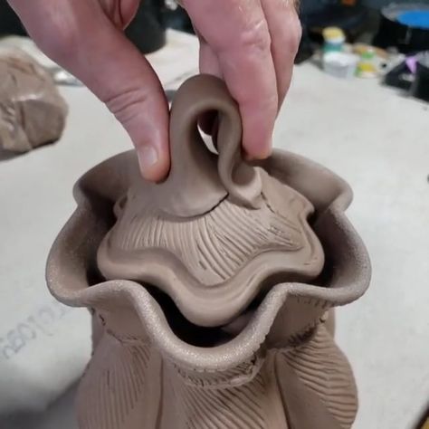 From @ericbotbyl • • • • • • One of the challenges of altering pots on the wheel is making lids that fit these weirdo shapes. This is my… | Instagram Halloween Pottery Ideas Ceramics, Pottery Lids, Pot Shapes, Lidded Pottery, Ceramic Stamps, Pottery Handles, Wheel Pottery, Ceramic Handles, Clay Vases