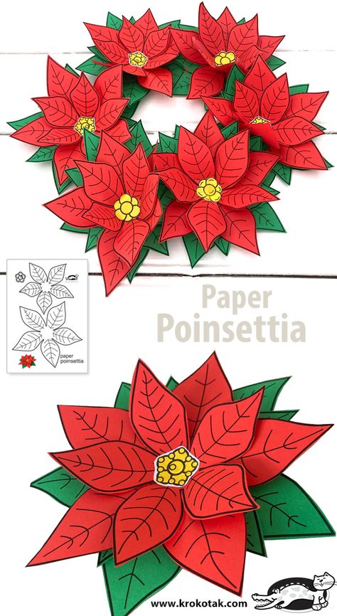 Wreath Out Of Paper, Holly Craft For Kids, Pointsetta Craft Preschool, Poinsettia Door Decorations Classroom, Christmas Flower Crafts For Kids, Poinsettia Crafts For Kids Easy Diy, Free Poinsettia Template, Poinsettia Art For Kids, Christmas Paper Crafts Printable