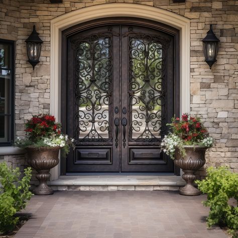 GID Arch Top Rose Cooper Wrought Iron Front Double Door ED427 Cape Cod Double Front Door, Grand Double Door Entryway, Exterior French Double Doors, Arch Transom Windows, Front Door Decor Inspiration, Beautiful Entrance Doors, Double Iron Front Doors, Wrought Iron French Doors, Double French Doors Exterior Entrance