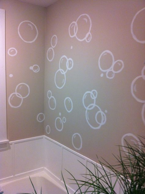 Bathroom accent wall - bubbles! Painting Bubbles On Wall, Bubble Bathroom Theme, Bubble Mural, Bubble Wall Decor, Bathroom Mural Ideas, Bathroom Murals, Bathroom Mural, Bathroom Wall Decals, Mural Stencil