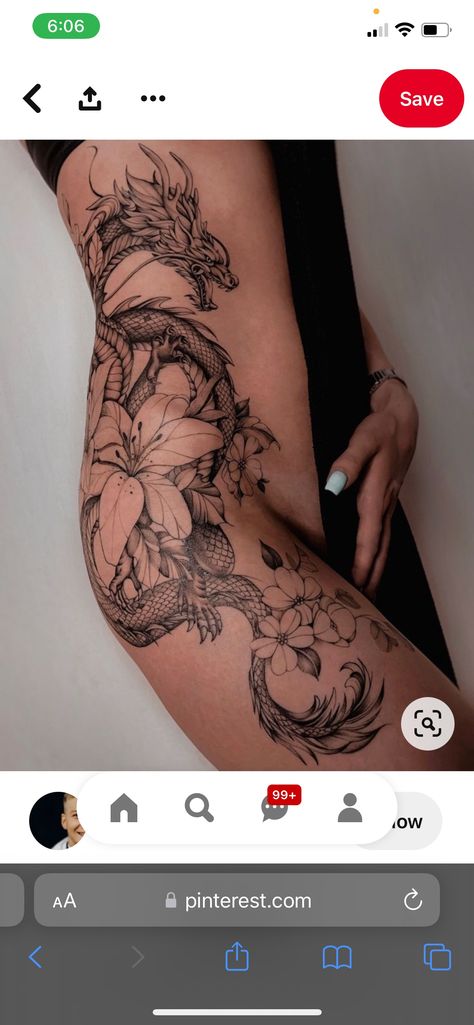 Skull And Flower Hip Tattoo, Dragon Tattoo Side Thigh, Thigh Rib Tattoo, Large Dragon Tattoo For Women, Thigh To Rib Tattoo Side Tat, Tatoos Woman Thigh, Fire Spine Tattoo, Hip To Rib Tattoos For Women, Dragon Ribs Tattoo