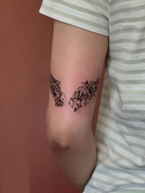 Angel Wings With Writing Tattoo, Half Wing Half Flower Tattoo, Floral Angel Tattoo, Angel Wing Floral Tattoo, Angel Wing With Flower Tattoo, Flower And Angel Wing Tattoo, Half Angel Wings Half Flowers Tattoo, Fingerprint Wings Tattoo, Angel Sibling Tattoo