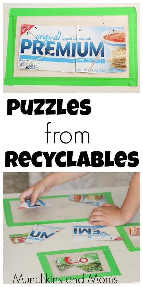 Make simple preschool and toddler puzzles out of recyclables! Recycle Preschool, Toddler Puzzles, Recycling Activities, Earth Week, Environmental Print, Recycled Crafts Kids, Earth Day Activities, Spring Preschool, Creative Curriculum