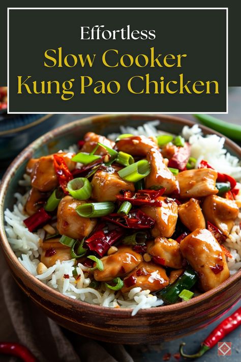 Enjoy an effortless dinner with this slow cooker Kung Pao Chicken recipe. Perfect for busy weekdays, this Szechuan dish offers a blend of spicy, savory, and sweet flavors. Save this pin to your slow cooker recipes board and click to get the full recipe. Come home to a delicious, ready-to-eat meal every time! Crock Pot Kung Pao Chicken, Chinese Chicken Bowl, Spicy Slow Cooker Recipes, Kung Pao Chicken Crockpot, Slow Cooker Chinese Recipes, Crockpot Kung Pao Chicken, Crock Pot Asian Chicken, Chinese Slow Cooker Recipes, Slow Cooker Kung Pao Chicken