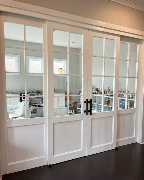 Closing Off Front Room, French Doors Into Dining Room, Glass Doors To Office, Panoramic Doors Living Rooms, Home Office Doors Ideas, Office French Doors Study, Doors On Tracks, French Doors Dining Room, French Doors Interior Office