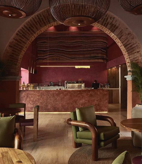 Modern Spanish Bar Design, Big Restaurant Design, Fruit Interior Design, Reception Bar Design, Desert Glam, Latin Restaurant, Bistro Design, Spanish Interior, Colonial Mansion