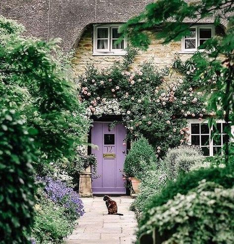 Cottage Garden Inspiration, Front Yard Cottage Garden, Cottage Front Yard, Garden Inspiration Ideas, Cottage Front Doors, Cute Cottages, Purple Door, Cottage Life, Front Door Colors