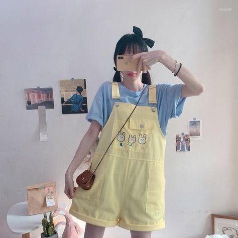 Bodysuit Shorts, Kawaii Shorts, Overalls Outfit, Short Overalls, Summer Soft, Body Suit With Shorts, Kawaii Fashion Outfits, Rabbit Print, Cute Rabbit