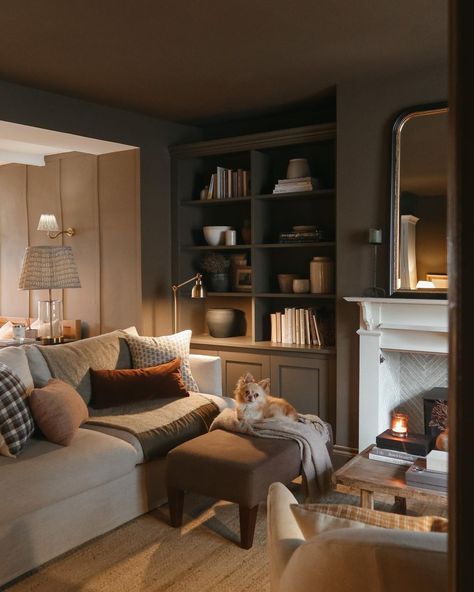 Paneled Family Room, Cosy Masculine Living Room, Corner Condo Living Room, Cosy Cottage Aesthetic, Corner Of Room Ideas Living Room, Living Room Cottage Modern, Pottery Studio Living Room, Cosy Cottage Decor, Uk Cottage Interiors