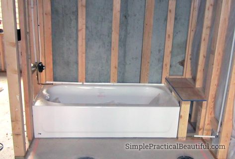 Bathtub Shelf Built In, Tub With Bench At End, Bathtub Ledge Ideas, Simple Tub Shower Combo, Bathtub Alcove Ideas, Inset Bathtub Tub Surround Tile, Alcove Tub With Ledge, Bathtub With Ledge, Bathtub With Shelves