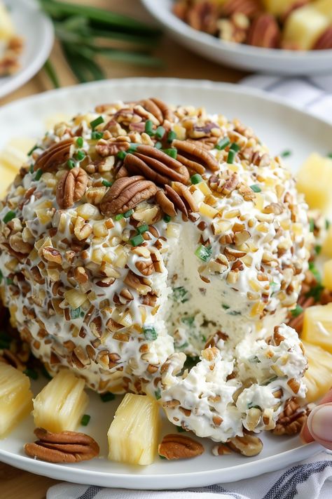 Pineapple Cheese Ball Cheese Ball Presentation, Pineapple Ham Cheese Ball, Sweet And Savory Cheese Ball, Southern Cheese Ball, Joanna Gaines Cheese Ball, Cheese Ball Recipes With Pineapple, Cheeseball Recipes With Pineapple, Pineapple Pecan Cheese Ball, Hawaiian Cheese Ball