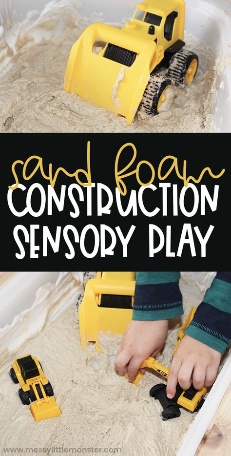 Sand foam construction sensory play. Construction sensory bin activity for toddlers and preschoolers. Easy sensory play recipe. Construction Crafts For Toddlers, Construction Activities For Toddlers, Transportation Sensory, Construction Activities For Kids, Construction Sensory Bin, Childcare Crafts, Construction Activities Preschool, Sand Foam, Girls Activities