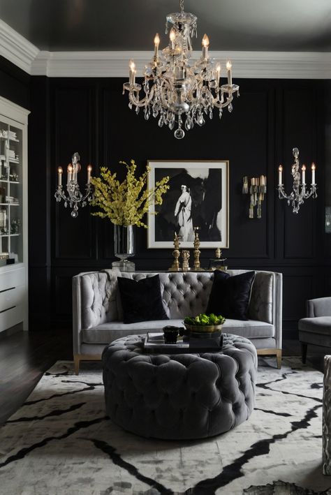 Dark Feminine Living Room, Black And White Interior Design, Feminine Living Room, Dark Deco, Champagne Room, Deco Living Room, Glamour Decor, Moody Decor, Riverside House