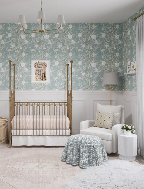 French charm and Parisian flair with sweet vintage details - this darling nursery is full of charm and feminine details. The gold canopy crib is the centerpiece of the room. Head to the blog to see the whole design Eloise At The Plaza Nursery, Magnolia Nursery Theme, Mismatched Nursery, Vintage French Nursery, Light Purple Nursery, Blue Floral Nursery, Preppy Nursery, Parisian Nursery, Blue Nursery Girl