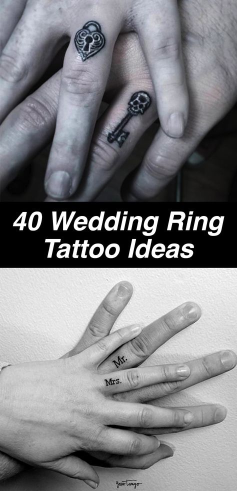 His And Her Wedding Ring Tattoos, Wedding Band Tattoos For Couples, Couple Finger Tattoos Marriage, Finger Tatts For Men, Wedding Finger Tattoos Marriage, His And Her Finger Tattoo Ideas, Couples Tattoos Ring Finger, Wedding Bands For Women Tattoo, His And Hers Ring Tattoos