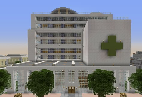 Minecraft Hospital Room, Hospital Blueprint, Minecraft Hospital Interior, Minecraft Hospital Ideas, Minecraft Hospital, Minecraft Towers, Minecraft Skyscraper, Minecraft Modern City, Minecraft School