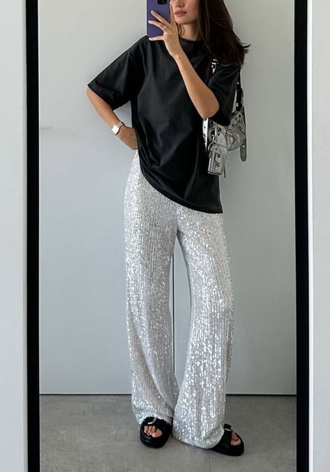 Sequin Pants Casual Outfit, Silver Summer Outfit, Silver Bottoms Outfit, Silver Sequin Pants Outfits, Sparkly Pants Outfit, Sparkle Pants Outfit, Glitter Pants Outfit, Sequin Trousers Outfits, Sequin Pants Outfit