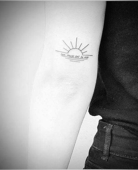 Rising Sun Tattoos Small, Dawn Tattoo Sun, Sunrise Tattoo With Words, Still I Rise With Sun Tattoo, Sun And Quote Tattoo, Sunrise To Sunset Tattoo, Sun Rise Sun Set Tattoo, Sunset Inspired Tattoo, Sun Must Set To Rise Tattoo