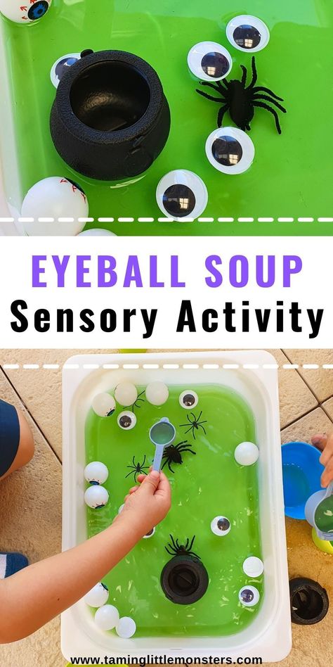 Halloween Preschool Sensory Bins, Preschool Halloween Cooking Activities, Fall Kid Activities Toddlers, Halloween Party Ideas Preschoolers, Halloween Art Ideas For Preschool, Halloween Toddler Sensory Bin, Halloween Sensory Bags Preschool, Health Sensory Bin For Preschool, Eyeball Sensory Bin