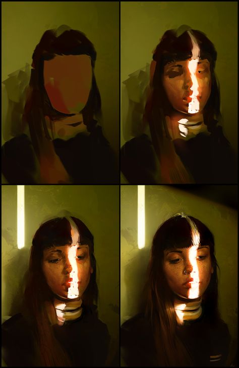 ArtStation - Colour and Light Study, Aaron Griffin Harsh Lighting Drawing, Heavy Lighting Reference, How To Draw Lighting, Lighting Tips Art, Light Study Drawing, How To Draw Light, Art Composition Ideas, Aaron Griffin, Lighting Drawing