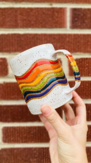 Rainbow Ceramic Bowl, Rainbow Mug Pottery, Rainbow Mug Design, Rainbow Pottery Painting Ideas, Pride Ceramics, Rainbow Glaze Pottery, Pride Pottery, Bright Pottery, Rainbow Ceramics