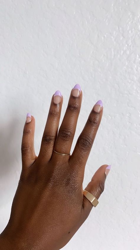 lavender french tip almond shape Purple French Tips Almond, Lavender Acrylic Nails Almond, Lavender Nails French Tip, Short Almond Nails Purple, Lavender Tip Nails, Almond Nails Designs Purple, Almond Nails Lavender, Short French Almond Nails, Lavender French Nails