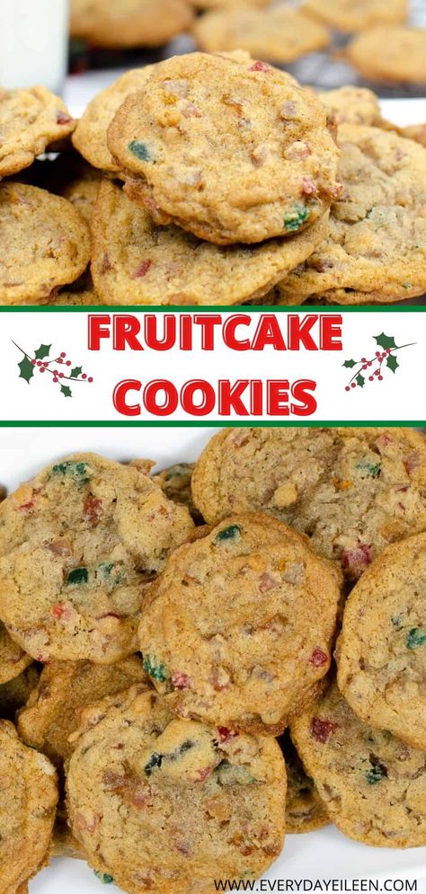 Fruitcake Cookies are an easy Holiday drop cookie recipe that takes the flavors of the classic Christmas Fruitcake into a crispy and flavorful cookie. The fruit cake cookies are loaded with candied fruit and perfect for your Holiday dessert table. An easy and most delicious version of a Christmas classic cake. Ina Garten Fruitcake Cookies, Candied Fruit Cookies Holidays, Best Fruit Cake Cookies Recipe, Easy Fruitcake Cookies Cake Mixes, Fruit Drop Cookies, Christmas Fruitcake Cookies Recipes, Christmas Cake Cookies Recipe, Recipes With Candied Fruit, Fruit Cake Bars