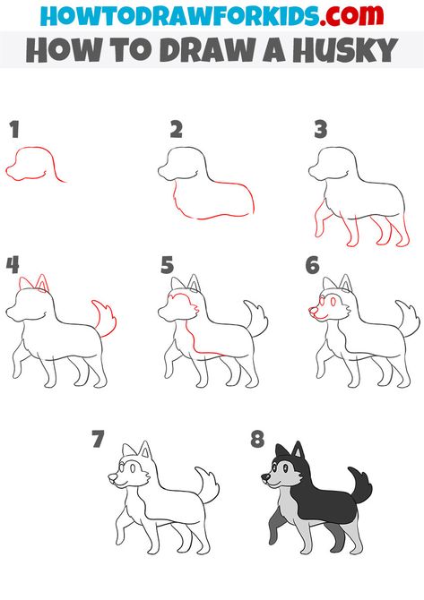 Husky Dog Drawing Easy, How To Draw A Husky Easy, How To Draw A Husky Step By Step, Husky Painting Easy, Husky Drawing Cartoon, Husky Drawing Easy, How To Draw A Dog, Cartoon Husky, How To Draw Dogs