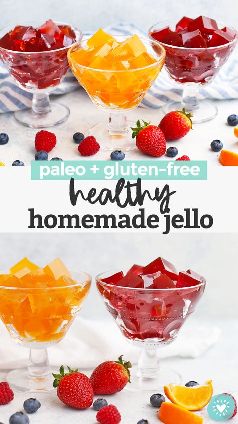 How to Make Healthy Homemade Jello - Yes, really! This homemade gelatin recipe is made from natural ingredients, and natural sweeteners, without any dye or additives. (Dairy free, gluten free & paleo approved!) // paleo jello // homemade jello recipe // homemade gelatin recipe // healthy gelatin #jello #gelatin #healthysnack #healthytreat Jello Jigglers Recipe With Knox Gelatin, Canivour Diet, Paleo Jello, Knox Blocks, Homemade Gelatin, Diy Jello, Homemade Jello, Jello Gelatin, Jello Recipe