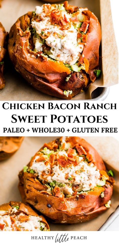 A savory and creamy chicken bacon ranch stuffed sweet potato. This recipe is Whole30, and Paleo compliant. In addition to a great weeknight dinner, it is a great meal prep option. #sweetpotatorecipes #chickenbaconranch #whole30recipes #paleorecipes #whole30sweetpotatoes #recipes #healthyrecipes #paleochickenrecipes Whole 30 Potluck Ideas, Sweet Potatoes Stuffed, Bacon And Sweet Potato Recipes, Whole 30 Meals For One, Whole 30 Recipes Dinner Chicken, Easy Chicken Sweet Potato Recipes, Healthy Stuffed Sweet Potato Recipes, Sweet Potato Recipes Chicken, Healthy Stuffed Sweet Potato