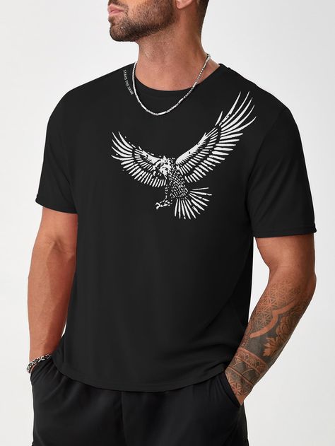 Black Casual Collar Short Sleeve Fabric Animal  Embellished Slight Stretch Summer Men Tops Formal Shirt Design, Oversized Tee Shirt, Eagle Print, Tshirt Design Inspiration, Tshirt Design Men, Shirt Design Inspiration, Formal Shirts For Men, Tee Shirt Designs, Men Tops