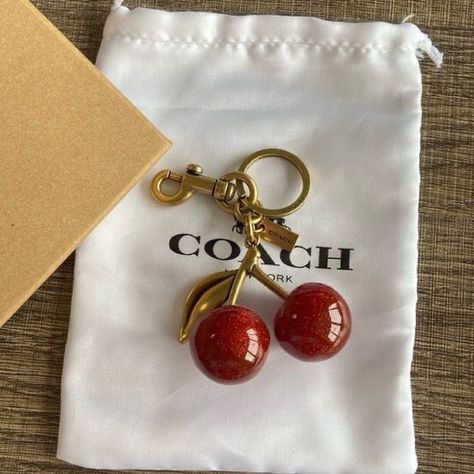 Cherry Coach Charm, Key Rings Aesthetic, Cherry Bag Charm, Coach Cherry Charm, Coach Bag Charm, Fall Trinkets, Coach Cherry Bag, Cute Keychain Aesthetic, Bag Accessories Keychain