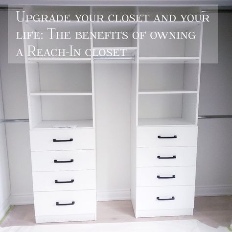 Reach In Closet For Two, Custom Closet Reach In, Reach In Closet Ideas For Couples, Long Reach In Closet Ideas, Shared Master Closet Organization, Shared Reach In Closet, Closet Organization Ideas For Couples, Closet Design Layout Reach In, Update Bedroom On A Budget