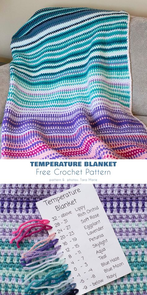 Temperature Blanket Ideas and Free Crochet Patterns Mood Blanket Crochet Ideas, Crochet Temperature Projects, Tempature Blanket Crochet Pattern, Temperature Blanket Ideas, Crochet Blanket Color Schemes, Mood Blanket Crochet, Temperature Crochet, Crochet Mood Blanket, Crochet Temperature Blanket