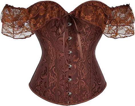 Moessa Women Floral Lace Off Shoulder Corset Bustier Boned Overbust Corset Bodyshaper Lingerie Top Brown Corset Outfit, Pirate Corset, Off Shoulder Corset, Brown Corset, Body Shaper Corset, Bustier Lingerie, Pirate Fashion, Corset Outfit, Lingerie Top