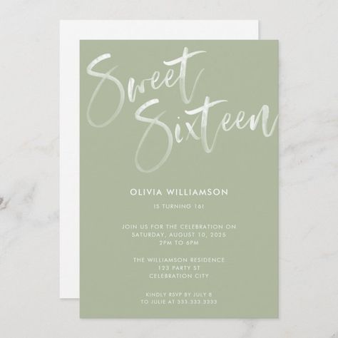 Sweet 16 Invitation Ideas Green, 16 Birthday Party Ideas Sage Green, Sweet 16 Color Schemes Green, Sage Green Birthday Party Theme, Sweet 16 Invitations Green, Sweet 16 Decorations Sage Green, Sweet 16 Inspo Green, Sage Green Birthday Invitations, Sweet 16 Party Ideas Themes Sage Green