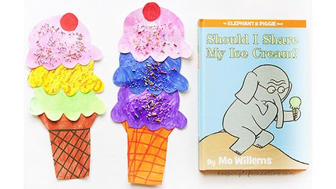 Should I Share My Ice Cream? by Mo Willems is about the (sometimes difficult) decision to share with someone else. The book has a surprising ending, and so does this blog post! Ice Cream Cone Craft, Piggie And Elephant, School Bus Crafts, Blue Bunny Ice Cream, Cone Template, Elephant And Piggie, Bus Crafts, Printable Craft Templates, Free Printable Crafts