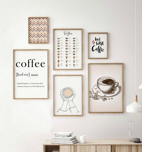 "Abstract Coffee wall art. Posters of coffee definition, line art and abstract coffee bar. Gallery wall set of 6 prints. Printable wall art #250 ------------------------------------------------------ ❗ This item is for DIGITAL DOWNLOAD. No physical item will be shipped. The frame is not included ------------------------------------------------------ Prints will be available immediately after purchase to print yourself at home or in a local print shop, or upload the files to an online printing se Coffee Wall Art Decor, Coffee Wall Decor Ideas, Coffee Bar Collage Wall, Coffee Frame Wall Art, Coffee Bar Pictures Wall Art, Coffee Gallery Wall, Coffee Collage Art, Coffee Bar Gallery Wall, Coffee Bar Art Decor