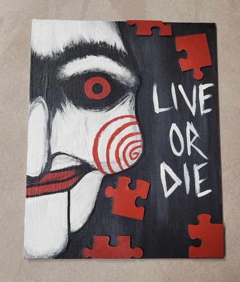 "\"I want to play a game.\" Glossy acrylic original painting with five jigsaw pieces on an 8x10 inch canvas panel. Back of painting is dated and signed by me. *Nobody's Perfect! All of my pieces are handmade and unique- they may not be flawless. NO REFUNDS, EXCHANGES OR RETURNS* Send me a message with any questions or concerns:)" 12x16 Canvas Paintings, Cool Paintings Easy Canvases, I Want To Play A Game Jigsaw, Chucky Painting Easy, Ghost Face Painting Easy, Scary Canvas Painting, Chucky Painting Canvas, Jigsaw Pumpkin Painting, Jigsaw Quotes