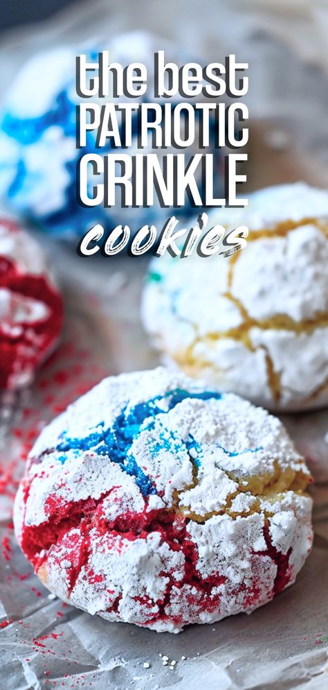 Patriotic Crinkle Cookies [30 Minutes] – Chasety Red White Blue Cookies, Red White And Blue Cookies, Patriotic Cookies, Easy To Make Cookies, Crinkle Cookies Recipe, Blue Cookies, Blue Food Coloring, Holiday Side Dishes, Crinkle Cookies