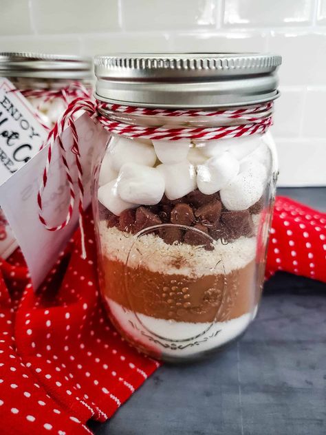 Hot Cocoa Jar Gift, Mason Jar Cocoa, Mason Jar Hot Cocoa Gift, Hot Cocoa In A Jar, Cocoa In A Jar, Hot Cocoa Mix Gift, Mason Jar Mixes, Christmas Jar Gifts, Hot Chocolate In A Jar