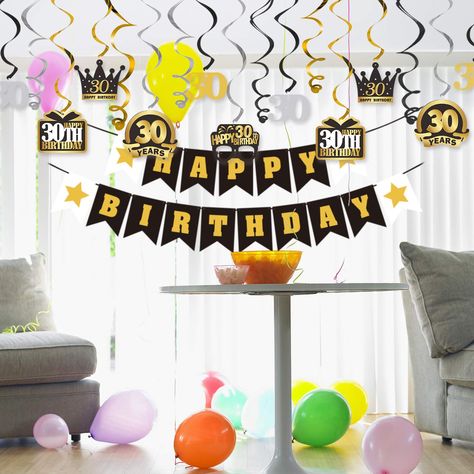 PRICES MAY VARY. [WHAT YOU GET]👑 Comes with 12 pieces swirls streamers and 2 piece happy birthday garland banner, all is pre-strung.You just need some time to pull them apart gently and hang it up. [WONDERFUL]👑 Beatiful double print details,definitely receive a lot of praise. Streamers length about 40''.Durable can re-used for many years to come. [PERFECT PARTY]👑 Highly recommended, our birthday decorations set perfect for birthday party celebrations.They will be made the home or office look Cheers To Thirty Years, 30 Birthday Decorations, Happy Birthday Garland, 30th Birthday Decorations, 30 Birthday, Birthday Garland, 30th Birthday Party, Happy 30th, Happy 30th Birthday