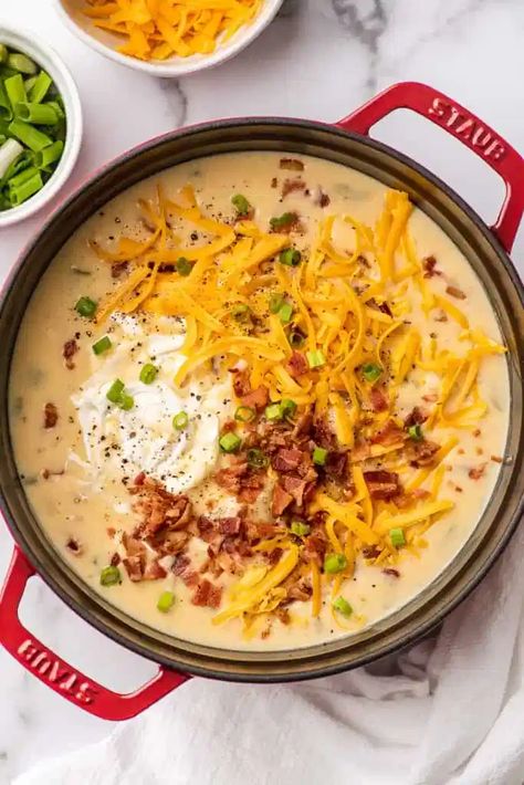 Easy Cheesy Potato Bacon Soup - Baking Mischief Loaded Baked Potato Soup Dutch Oven, Potato Soup In Dutch Oven, Potato Soup Dutch Oven, Dutch Oven Potato Soup, Cheddar Bacon Potato Soup, Ranch Potato Soup, Potato Bacon Soup Recipe, Cheesy Baked Potato Soup, Cheddar Potato Soup