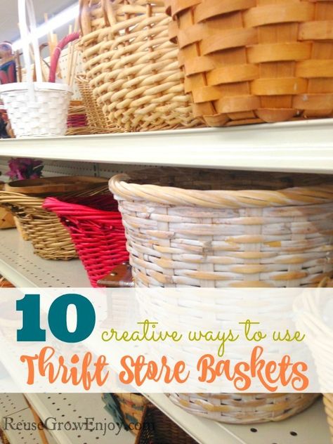 Do you buy baskets from thrift stores? Check out these 10 Ways to Reuse Thrift Store Baskets! Old Baskets Repurpose, Wicker Laundry Basket Repurpose, Uses For Baskets, Basket Upcycle, Basket Decor Ideas, Thrift Store Diy Projects, Basket Makeover, Old Wicker, Thrift Store Diy