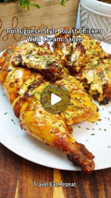 Khadija Siddiqui on Instagram: "If you still haven't made this, you are missing out 😶 Portuguese Style Roast Chicken With Cream Sauce Ingredients and steps: 🌼Marination: 3 tbsp olive oil 1/2 tsp turmeric powder 1 tsp paprika powder 1 tsp red chilli flakes 1 tsp black pepper Juice of 1 lime 1 tsp dried parsley 1 tsp salt 1 tbsp plain all purpose flour 1 tbsp cornflour 1 tbsp tomato paste/puree 1 tsp garlic powder/granules. Mix everything Take 1 chicken, make cuts in the chicken. Coat with the marinade. Marinate for at least an hour or overnight in the fridge. Place the chicken in air fryer basket.Get rid of the rack as we need the juices of chicken. Air fry the chicken at 200ºC for 25-30 minutes. Flip and air fry for another 10 minutes. 🌼For the sauce: Take 2 tbsp mayonnaise Fried Chicken Without Flour, Chicken With Cream Sauce, Chicken In Air Fryer, Cream Sauce For Chicken, Peri Peri Sauce, Portuguese Style, Paprika Sauce, Dried Parsley, Air Fryer Recipes Chicken