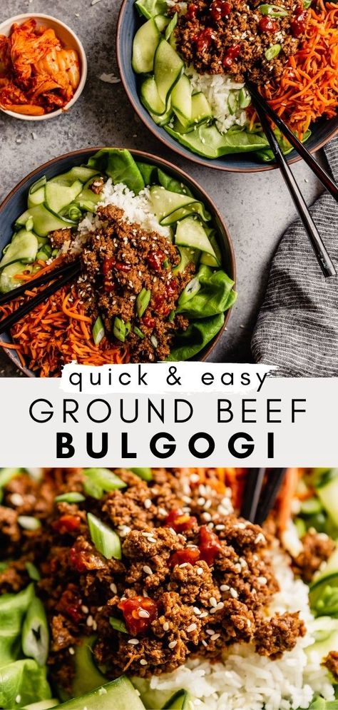 Korean Ground Beef And Rice Bowls Healthy, Ground Chicken Bulgogi, Ground Bulgogi Recipe, Quick Bulgogi Beef, Kimchi Ground Beef, Ground Beef Poke Bowl, Ground Beef And Tofu Recipe, Beef Bulgogi Hello Fresh, Ground Beef Ginger Recipes