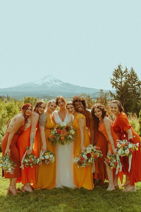 Reverse Wedding Colors, Orange Palette Bridesmaid Dresses, Yellow Orange Green Wedding Bridesmaid Dresses, Mismatch Orange Bridesmaids, Orange And Green Summer Wedding, Dark Green Orange Pink Wedding, Red And Orange Bridesmaid Dresses, Late Summer Wedding Bridesmaid Dresses, Late Summer Wedding Dress