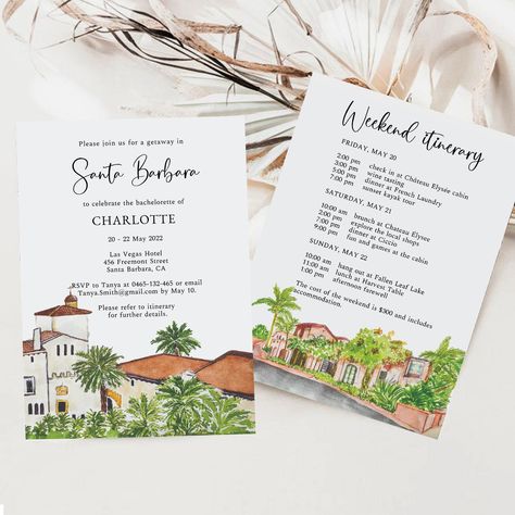 Santa Barbara Bachelorette Weekend Invitation, California Bachelorette Invitation, Birthday Weekend Itinerary, Santa Barbara Painting - Etsy Santa Barbara Bachelorette, California Bachelorette, Birthday Weekend Itinerary, Palm Springs Bachelorette, Bachelorette Weekend Invitations, Bachelorette Invitation, Cute Thank You Cards, Weekend Itinerary, Bachelorette Invitations