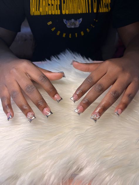 Chrome French tip duck nails Short Chrome Duck Nails, Short Chrome Nails With Charms, Silver Duck Nails Acrylic, Duck Nails Chrome, Duck Nails Silver, Chrom Nails French, Short Duck Nails Acrylic French Tip, Shortie Duck Nails, Short French Duck Nails